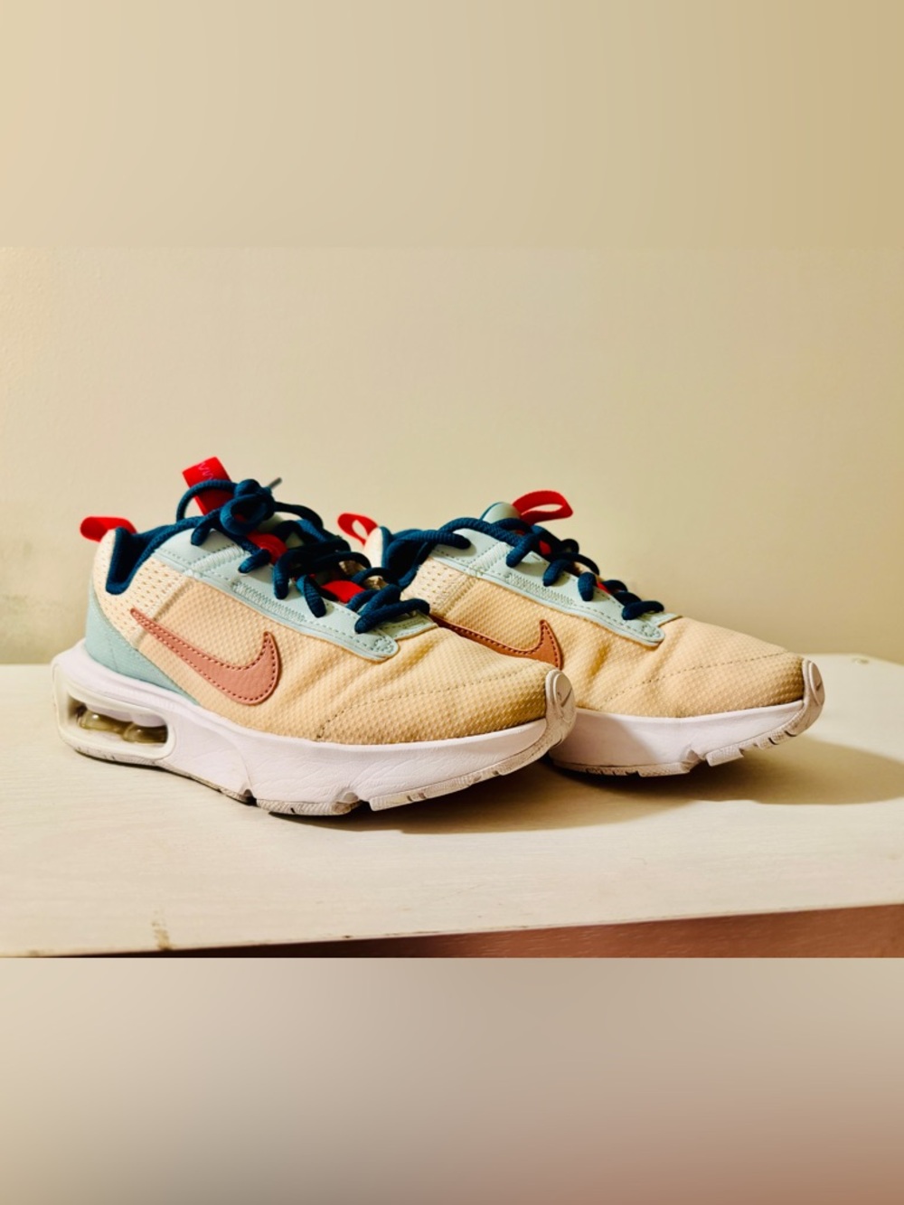 Nike Kids Sneakers - Beige with Teal, Navy and Coral Accents